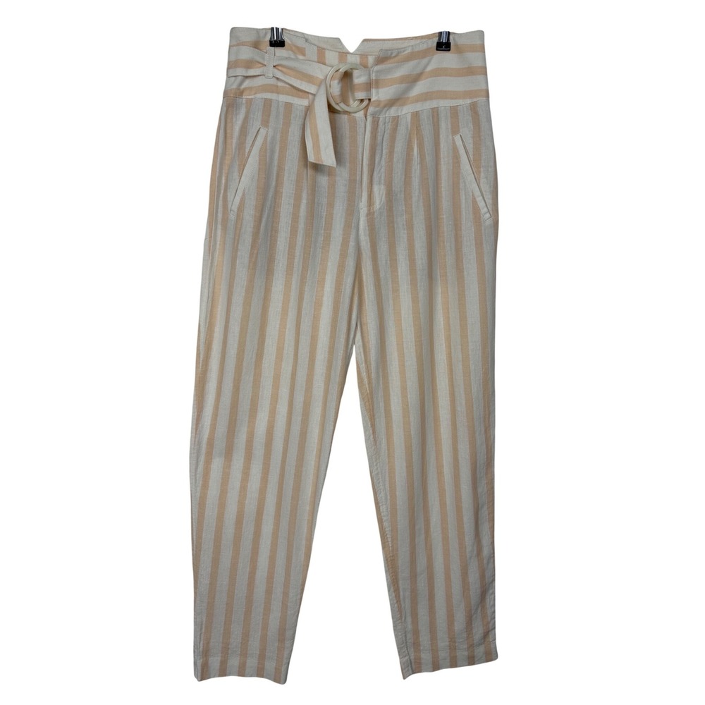 Anthropologie Striped Paperbag‎ Pants Womens 4 Peach White Linen Blend Belted